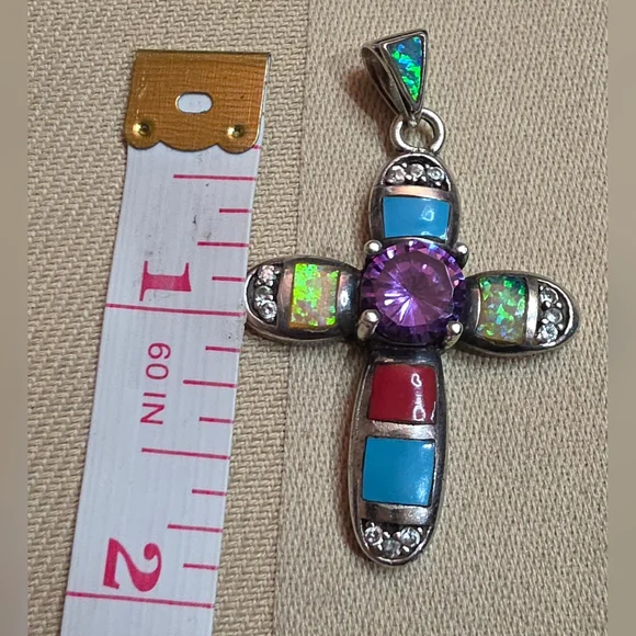 NATIVE  925 SILVER MULTI GEMSTONE  OPAL, AMETHYST, CORAL, TURQUOISE, DIA PENDANT - Picture 2 of 3